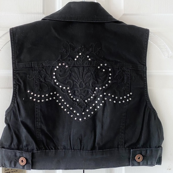 Be Girl Women Juniors Black Rhinestone Crochet Denim Crop Shirt Vest Stretch M L - Picture 3 of 11